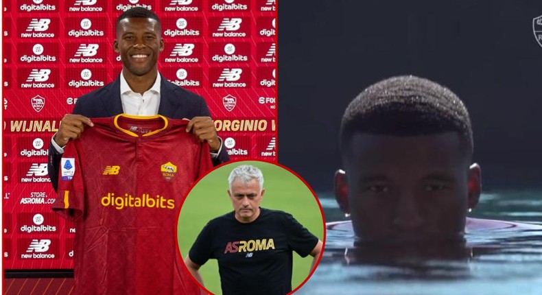 Gini Wijnaldum unveiled by AS Roma in a swimming pool