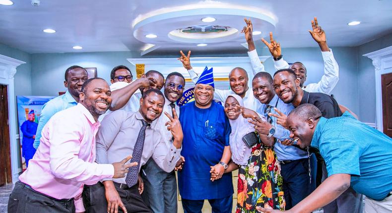 Gov. Ademola Adeleke (centre) with resident doctors at Uniosun Teaching Hospital after their meeting in Osogbo on Wednesday. [NAN]