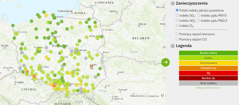 Mapa stanu jakości powietrza w Polsce. Punkty zaznaczone na zielono oznaczają, że w tych miejscach powietrze jest dobre