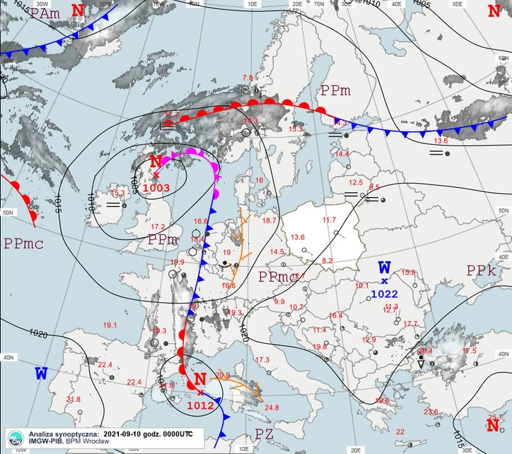 Mapa synoptyczna IMGW na sobotę