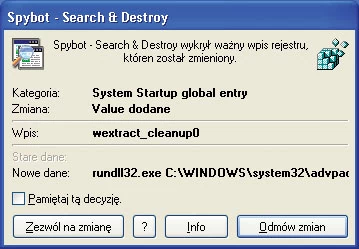 Zmiany ważnych parametrów Windows są często znakiem aktywności szpiegów. Spybot Search & Destroy po wykryciu prób takich zmian od razu bije na alarm