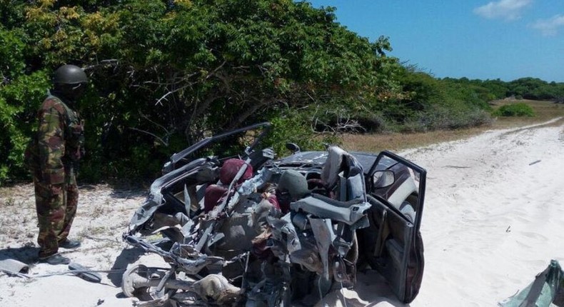 The mangled wreckage of the TGF car after it was blown up by a past IED.