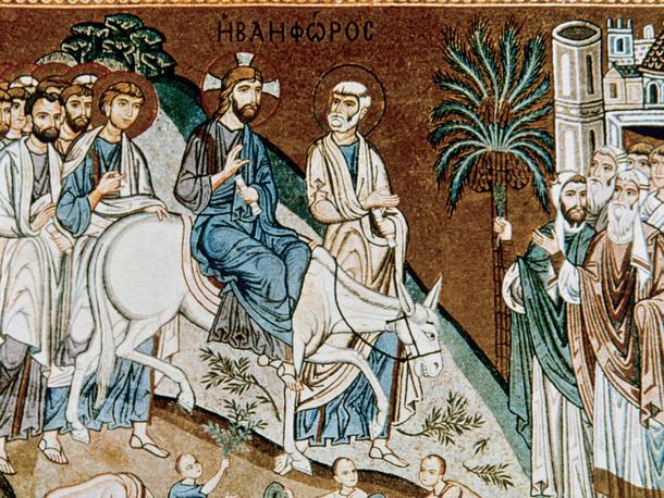 Jezus  wjeżdżający do Jerozolimy. Mozaika z Pałacu Normanów w Palermo na Sycylii