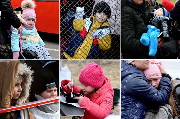 Ucieczka przed wojną. Kolaż ze zdjęć ukraińskich dzieci przekraczających polsko-ukraińskie przejścia graniczne.