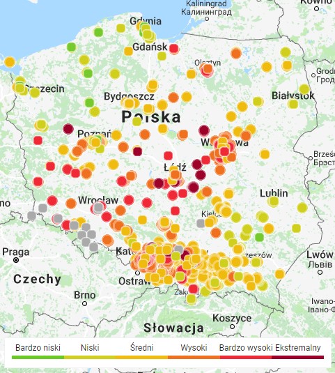 Smog - mapa z dzisiaj, 14 lutego (godz. 11:00)