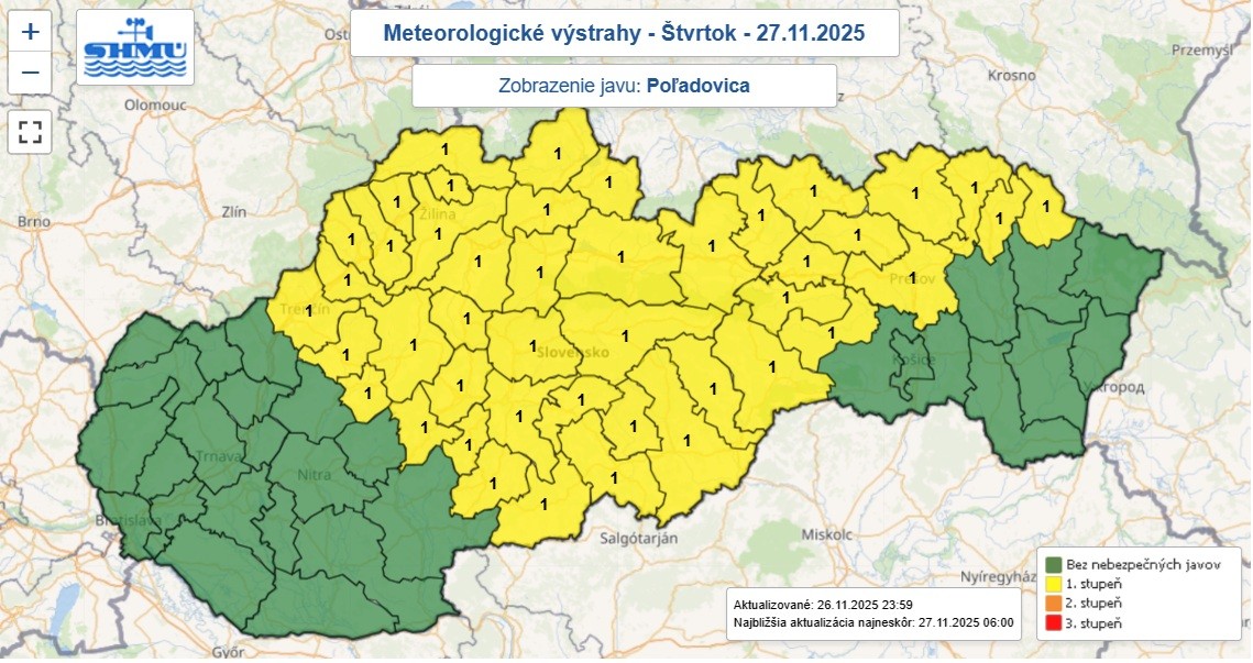 Výstraha prvého stupňa pred poľadovicou bola v noci zo stredy na štvrtok vydaná pre 44 okresov.