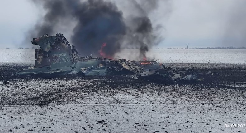 A Russian Sukhoi jet destroyed in Ukraine.