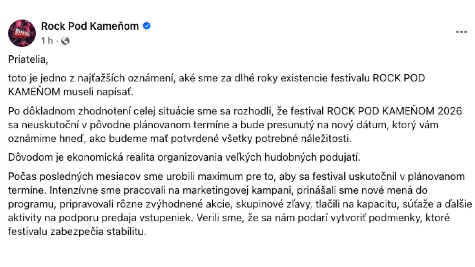 Oznámenie o presunutí termínu festivalu Rock pod Kameňom 2026