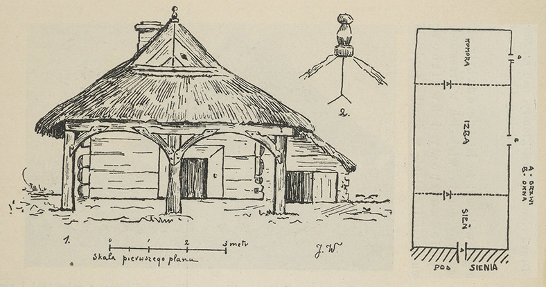 Chłopski dom z podcieniem i szopą we Wrzelowcu na Lubelszczyźnie oraz plan typowej chaty, dzielonej na trzy pomieszczenia