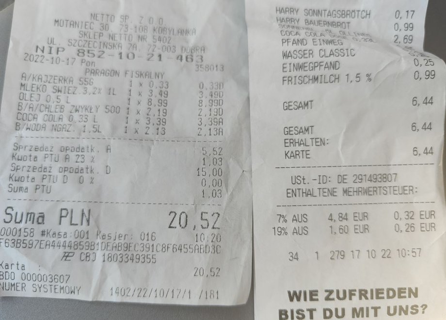 Paragon z polskiego Netto (po lewej) i z niemieckiego