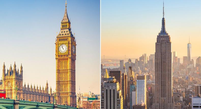 Big Ben in London and the Empire State Building in New York are two of the cities' most iconic landmarks.S. Borisov/Shutterstock (L); Matej Kastelic (R)