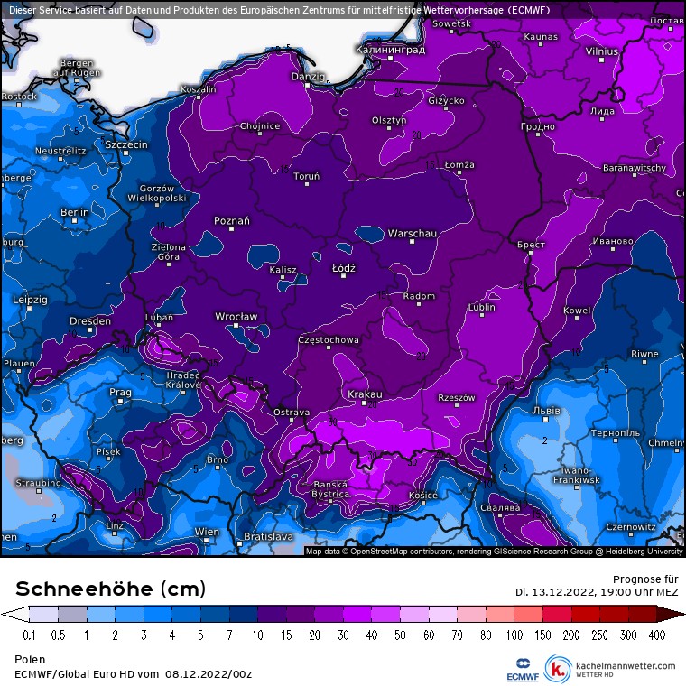 Pokrywa śnieżna w wielu regionach sięgnie 10-20 cm, a miejscami nawet 30 cm.