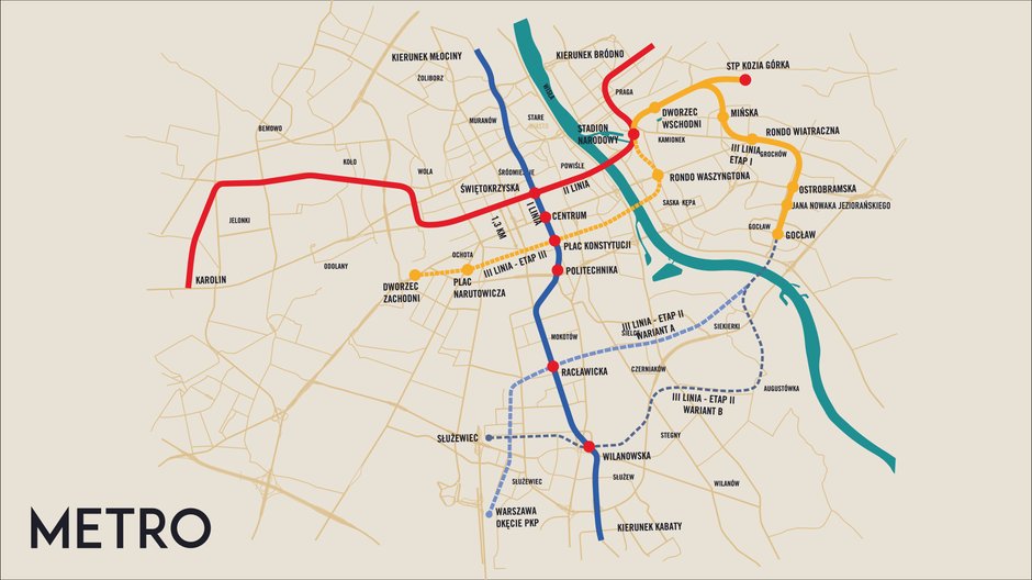 Mapa obecnych i planowanych odcinków metra w Warszawie