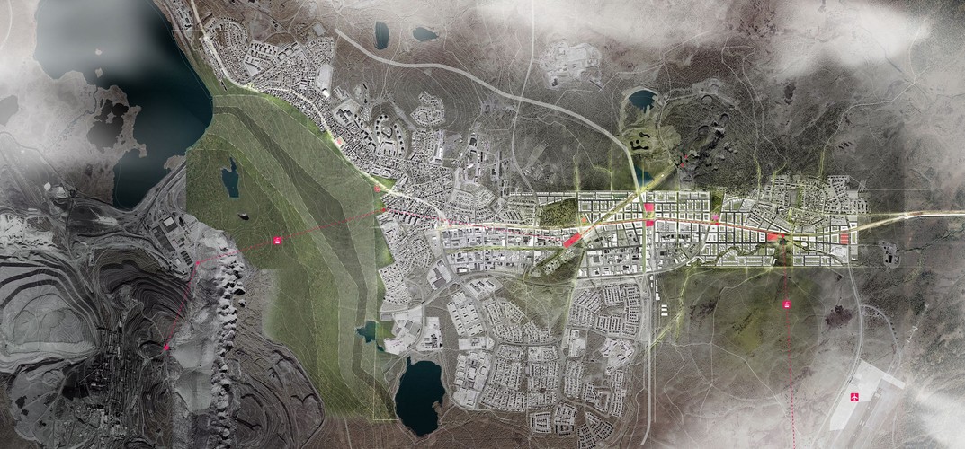 Zdaniem architektów, przeniesienie Kiruny na nowe miejsce to szansa na zbudowanie nowoczesnego, ekologicznego miasta, które będzie przyciągać młodych ludzi atrakcjami kulturalnymi i turystycznymi. Miasto ma się w ten sposób w pewnym stopniu uniezależnić od wydobycia żelaza. Na zdjęciu: wizualizacja nowego centrum Kiruny z lotu ptaka, źródło: White architects