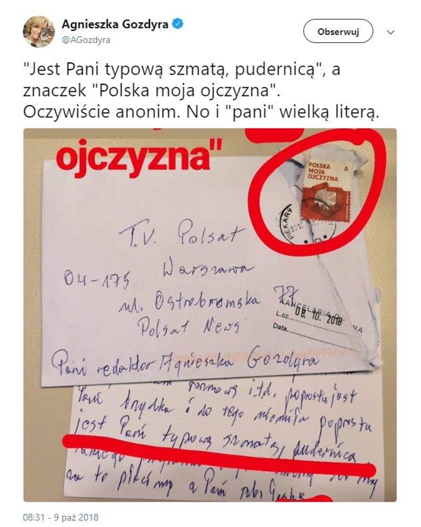 Agnieszka Gozdyra pokazała wulgarny list od widza