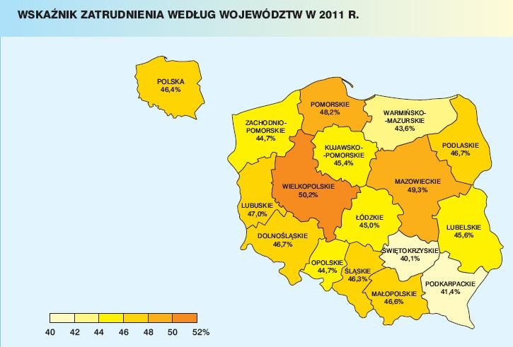 Wskaźnik zatrudnienia według województw w 2011 roku