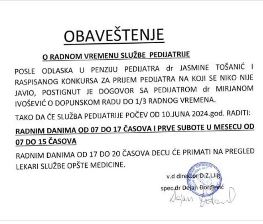 Obaveštenje u Domu zdravljja u Ljigu