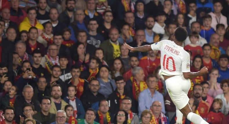 England's Raheem Sterling celebrates after scoring against Spain