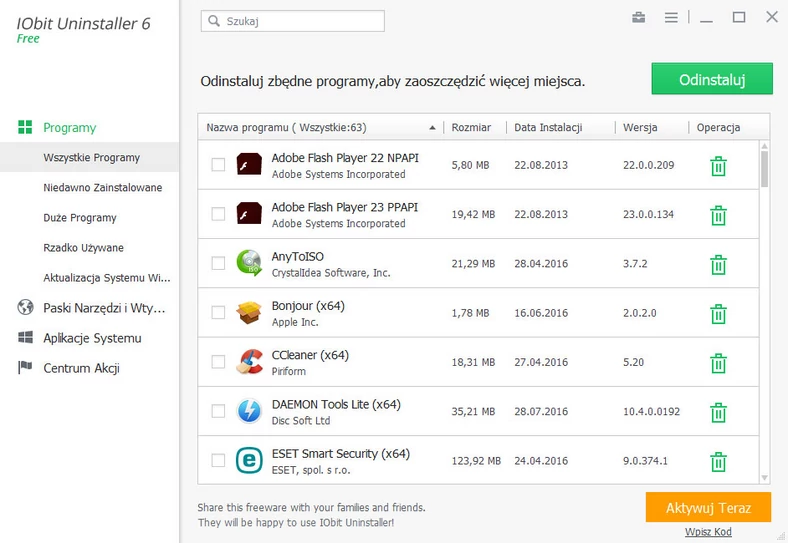 Główne okno programu do deinstalacji oprogramowania w Microsoft Windows - IObit Uninstaller 6