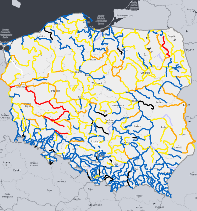 Aktualny stan wód w rzekach. Kolor czarny oznacza strefę wody niskiej, niebieski — średniej, żółty — wysokiej, pomarańczowy — przekroczenie stanów ostrzegawczych, czerwony — przekroczenie stanów alarmowych