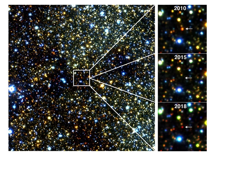 Zdjęcia w podczerwieni czerwonego olbrzyma oddalonego o około 30 000 lat świetlnych, w pobliżu centrum naszej galaktyki Drogi Mlecznej, który zniknął, a następnie pojawił się ponownie w ciągu kilku lat