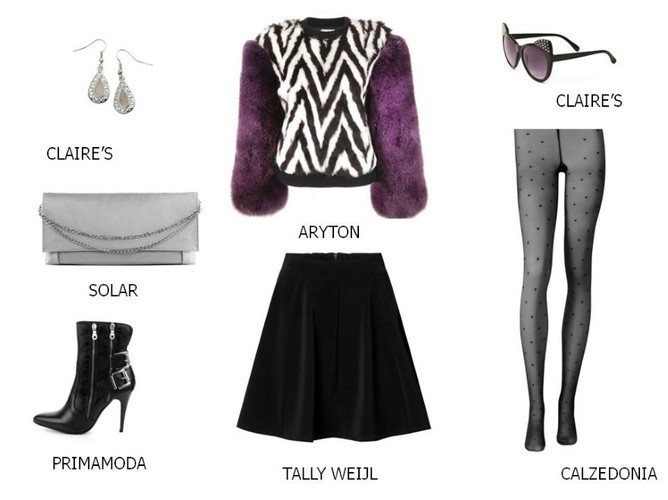 Kolczyki Claire's: 19,90 pln; Torebka Solar: 499,00 pln; Buty PRIMAMODA: 579,00 pln; Sweter Aryton: wzór; Spódnica TALLY WEiJL: 59,90 pln; Okulary Claire's: 59,90 pln; Rajstopy Calzedonia: 34,90 pln