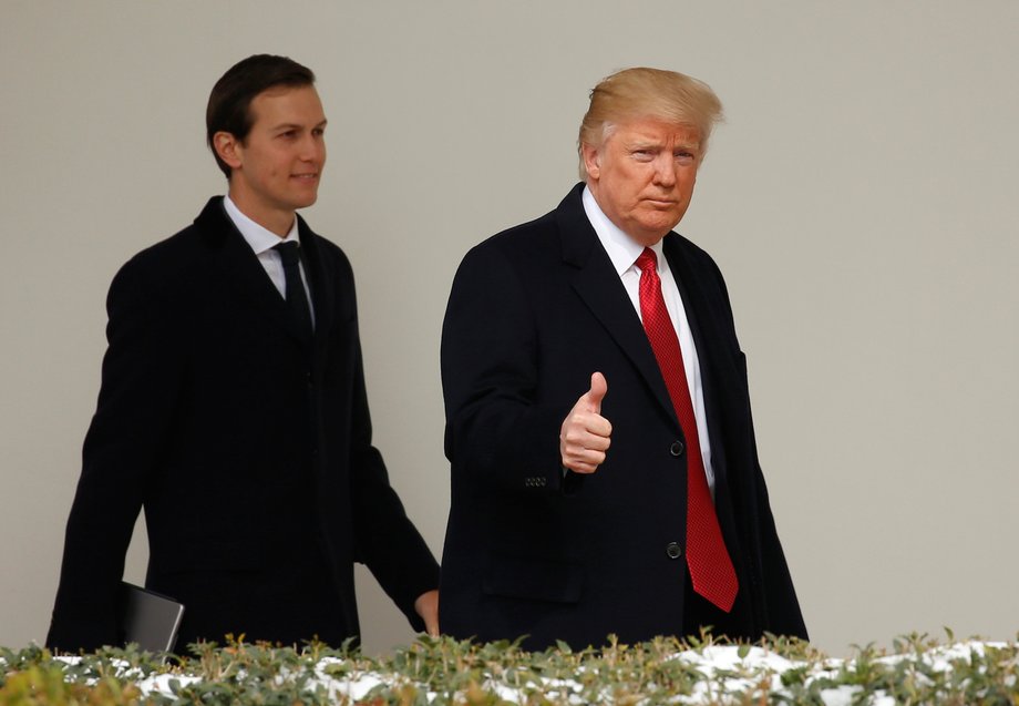 U.S. President Donald Trump gives a thumbs-up as he and White House Senior Advisor Jared Kushner depart the White House in Washington, U.S., March 15, 2017.