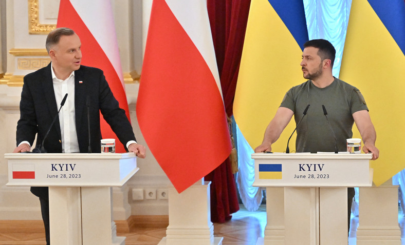 Prezydent Polski Andrzej Duda i prezydent Ukrainy Wołodymyr Zełenski na konferencji prasowej po rozmowach w Kijowie, 28 czerwca 2023 r.