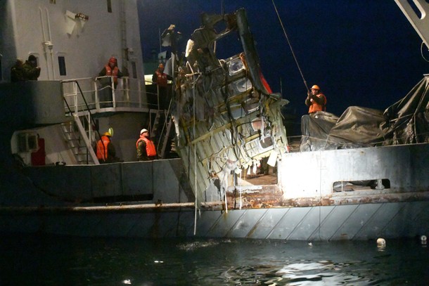 A view shows the wreckage of the crashed military Tupolev TU-154 plane lifted from the waters of the