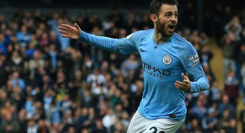 Manchester City midfielder Bernardo Silva celebrates after scoring their second goal against Burnley at the Etihad