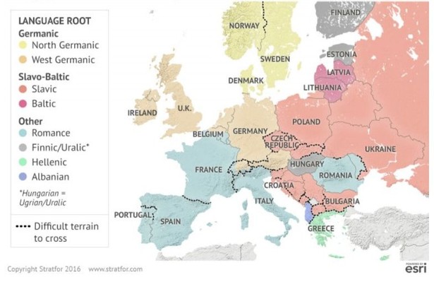 Podziały kulturowe i geograficzne w Europie. Europa była przez dwa tysiąclecia polem bitwy różnych narodów i plemion, ale bariery geograficzne w istotny sposób ukształtowały podziały kulturowe. Jest to widoczne w rozkładzie różnych języków na Starym Kontynencie. MAPA: Różnymi kolorami oznaczono poszczególne grupy językowe w Europie. Czarne kropki na mapie oznaczają geograficznie trudy do przebycia teren. Źródło: Stratfor