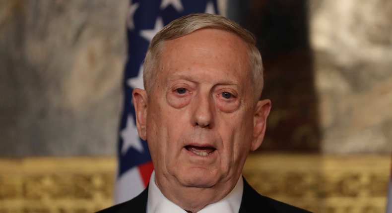 U.S. Defense Secretary James Mattis give a news conference with Britain's Defence Secretary Michael Fallon (not shown) at Lancaster House in London March 31, 2017.