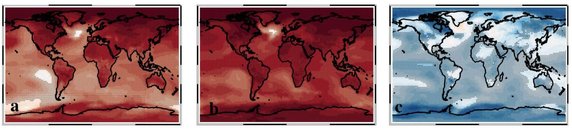 Wpływ metanu na temperatury. a) wpływ całkowity, b) uwzględniający tylko promieniowanie długofalowe, c) uwzględniający tylko promieniowanie krótkofalowe