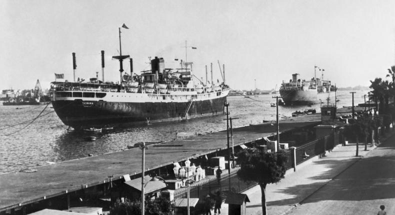 Ships on the Suez Canal in 1956, the year Egypt nationalised the waterway and sparked a major crisis with Britain, France and Israel