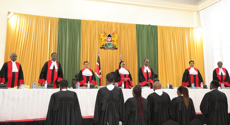 Kenya's Supreme Court judges (L-R) Isaac Lenaola, Smokin Wanjala, DCJ Philomena Mwilu, CJ Martha Koome, Mohamed Ibrahim, Njoki Ndung'u and William Ouko during day one of hearing the consolidated presidential election petition on August 31, 2022 [Photo: Zakheem Rajan]