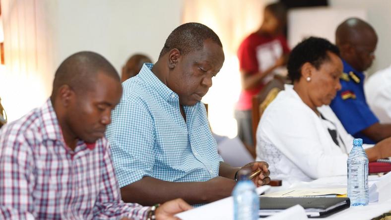 Interior CS Fred Matiang'i during a security meeting at the Flamingo Pride Inn in Mombasa County (Twitter)