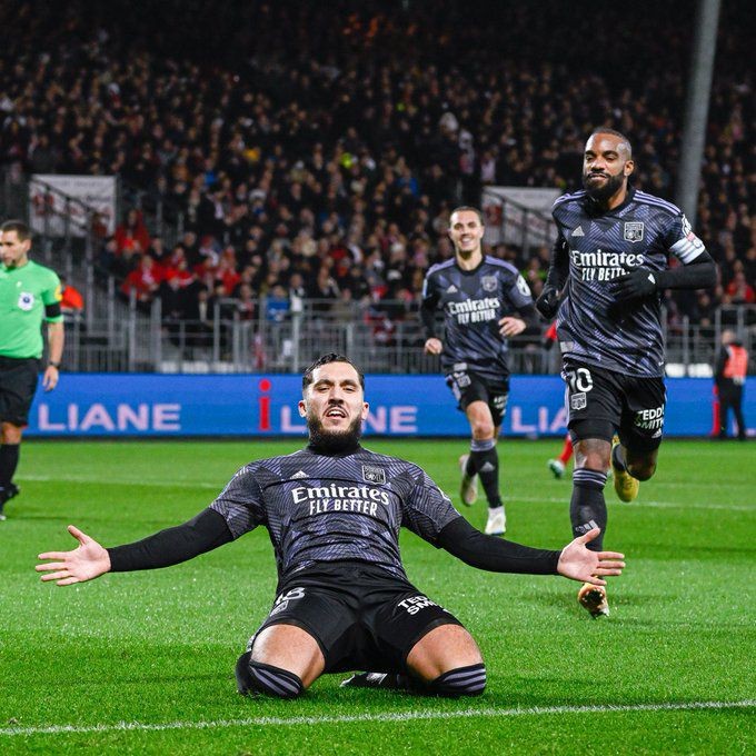 Rayan Cherki (centre) and Alexandre Lacazette were on the scoresheet for Lyon against Brest