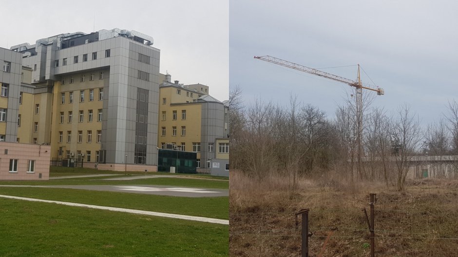 Po lewej szpital im. Narutowicza. Po prawej dźwig, który ustawił inwestor