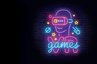 Video Games logos collection neon sign Vector design template. Conceptual Vr games, Retro Game night logo in neon style, gamepad in hand, modern trend design, light banner. Vector illustration