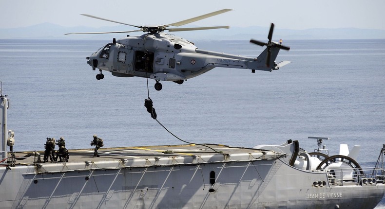 Members of France's Commando Hubert train on the frigate Jean de Vienne off of Toulon in southern France in July 2017.FRANCK PENNANT/AFP via Getty Images