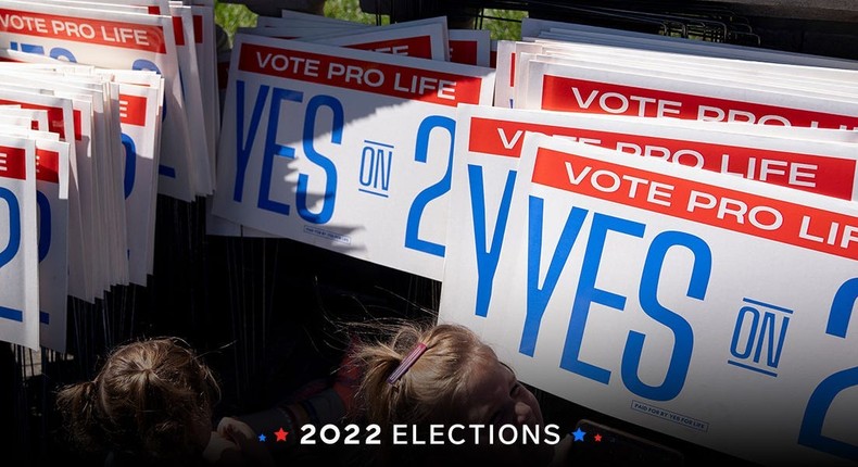 Children sit in front of signs encouraging voters to vote yes on Amendment 2, which would add a permanent abortion ban to Kentuckys state constitution, during a rally on the steps of the Kentucky State Capitol in Frankfort, Kentucky, on October 1, 2022.STEFANI REYNOLDS/AFP via Getty Images; Insider