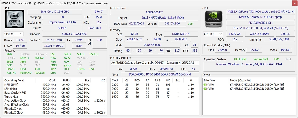 Asus ROG Strix SCAR 18 (G834JY) – HWiNFO64 – specyfikacja laptopa