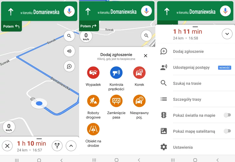 Google Maps - w trakcie jazdy możemy dodać zgłoszenie np. o wypadku lub kontroli, a także wyszukać coś na trasie, bądź włączyć podgląd sygnalizacji świetlnej
