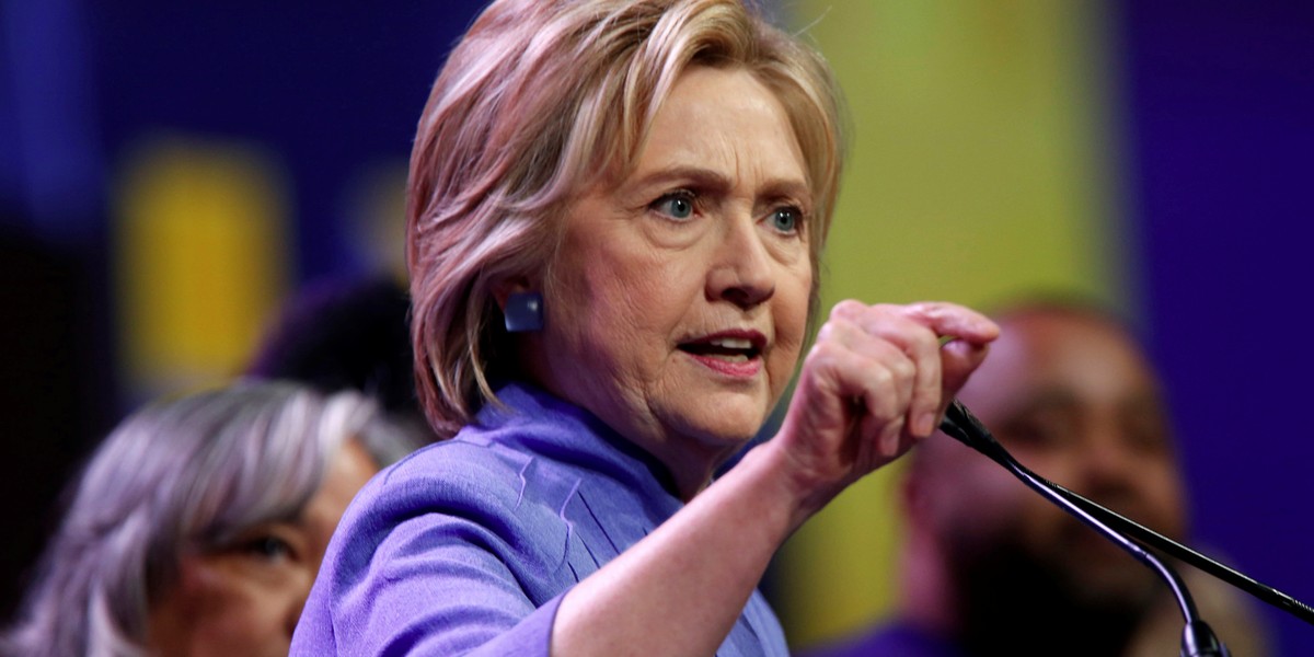 Hillary Clinton addresses Service Employees International Union (SEIU) members at the group's 2016 international convention in Detroit, Michigan, on May 23.