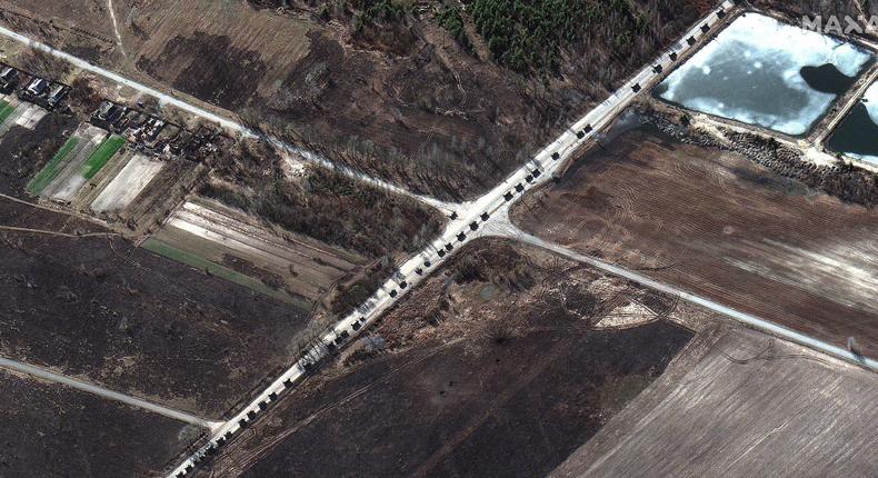 Photos of 40-mile long Russian military convoy seen north of Kyiv taken on Monday, 28 February.
