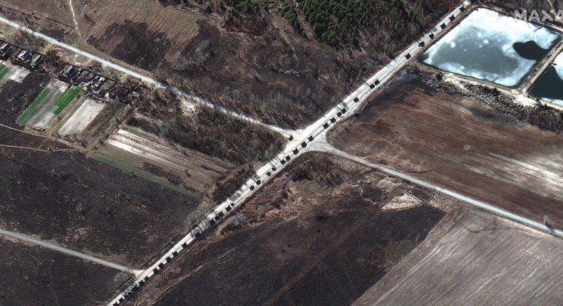 Photos of 40-mile long Russian military convoy seen north of Kyiv taken on Monday, 28 February.