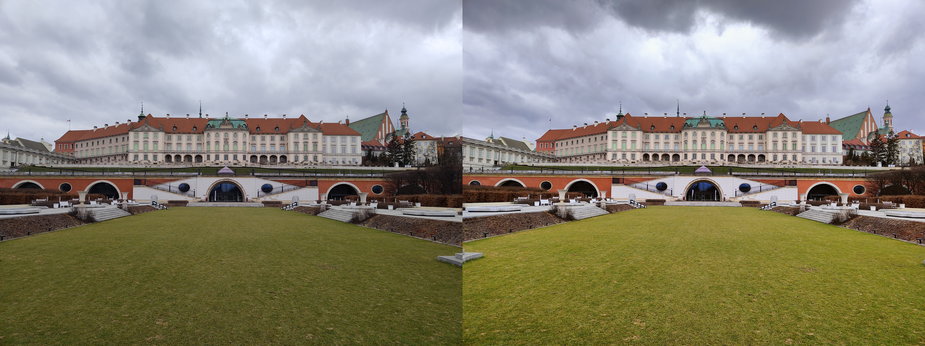 Porównanie zdjęcia wykonanego modułem standardowym w trybie automatycznym, w domyślnych ustawieniach aparatu (po lewej) oraz zdjęcia zrobionego z włączoną funkcją Ulepszanie sceny AI (kliknij, aby powiększyć)