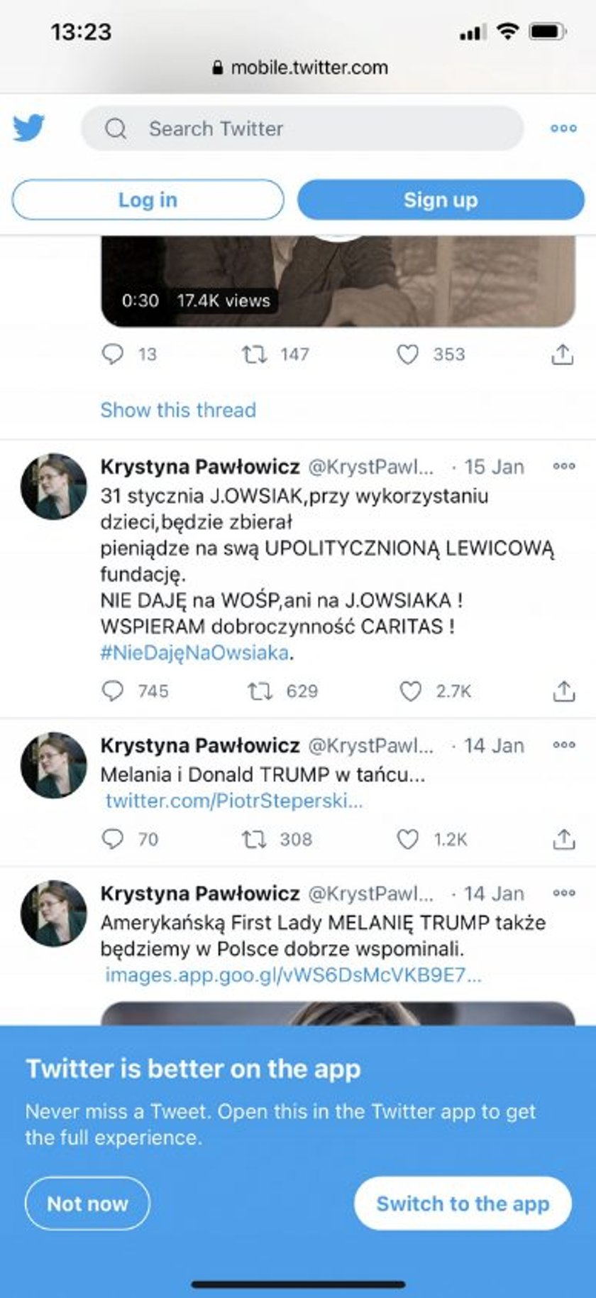 Screenshot wpisu Krystyny Pawłowicz z Twittera