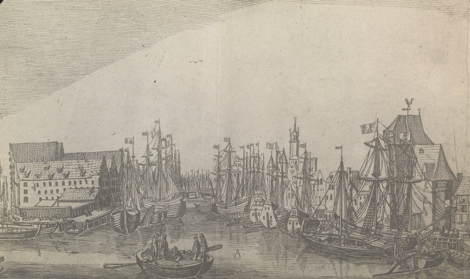 Gdański port na akwaforcie Aegidiusa Dickmanna z początków XVII wieku.