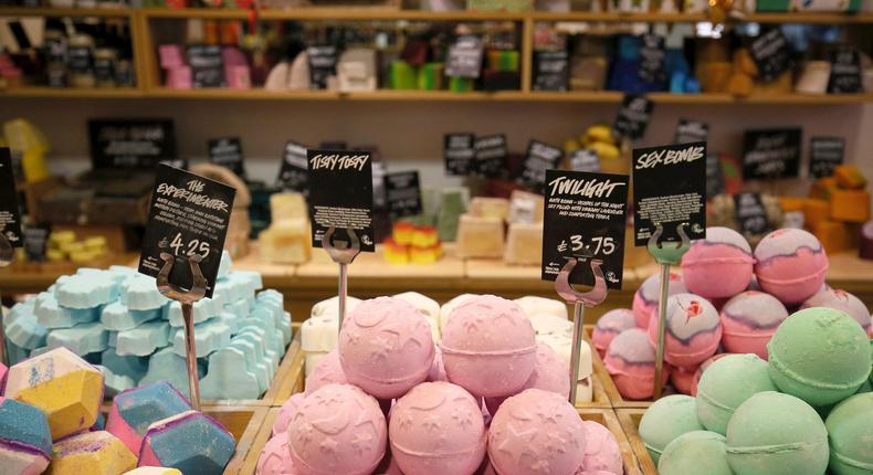 Bath products in display in a Lush cosmetics shop in London.